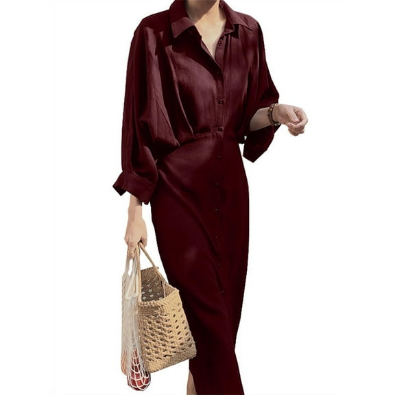 ZANZEA Women Full Sleeve V-Neck Lapel Collar Wrap Dress Long Dresses
