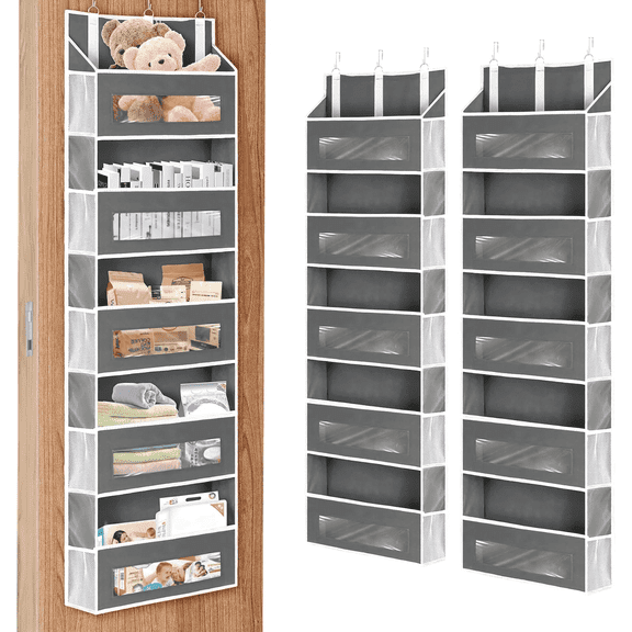 2 Packs 5-Tier Over the Door Storage Organizer with 10 Side Mesh Pockets, 48 lbs Load Capacity, 3 Hooks Design, Hanging Organizer with Clear Windows for Bathroom, Bedroom, Nursery, Kitchen-Grey