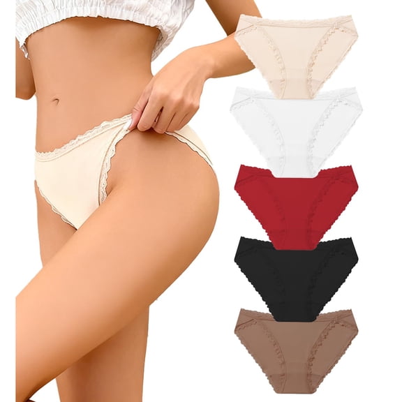 Plus Size Lace Trim Mid Rise Bikini Underwear for Women, Soft Cotton Stretch Panties with Scalloped Edges, Comfortable Everyday Intimates Beige L