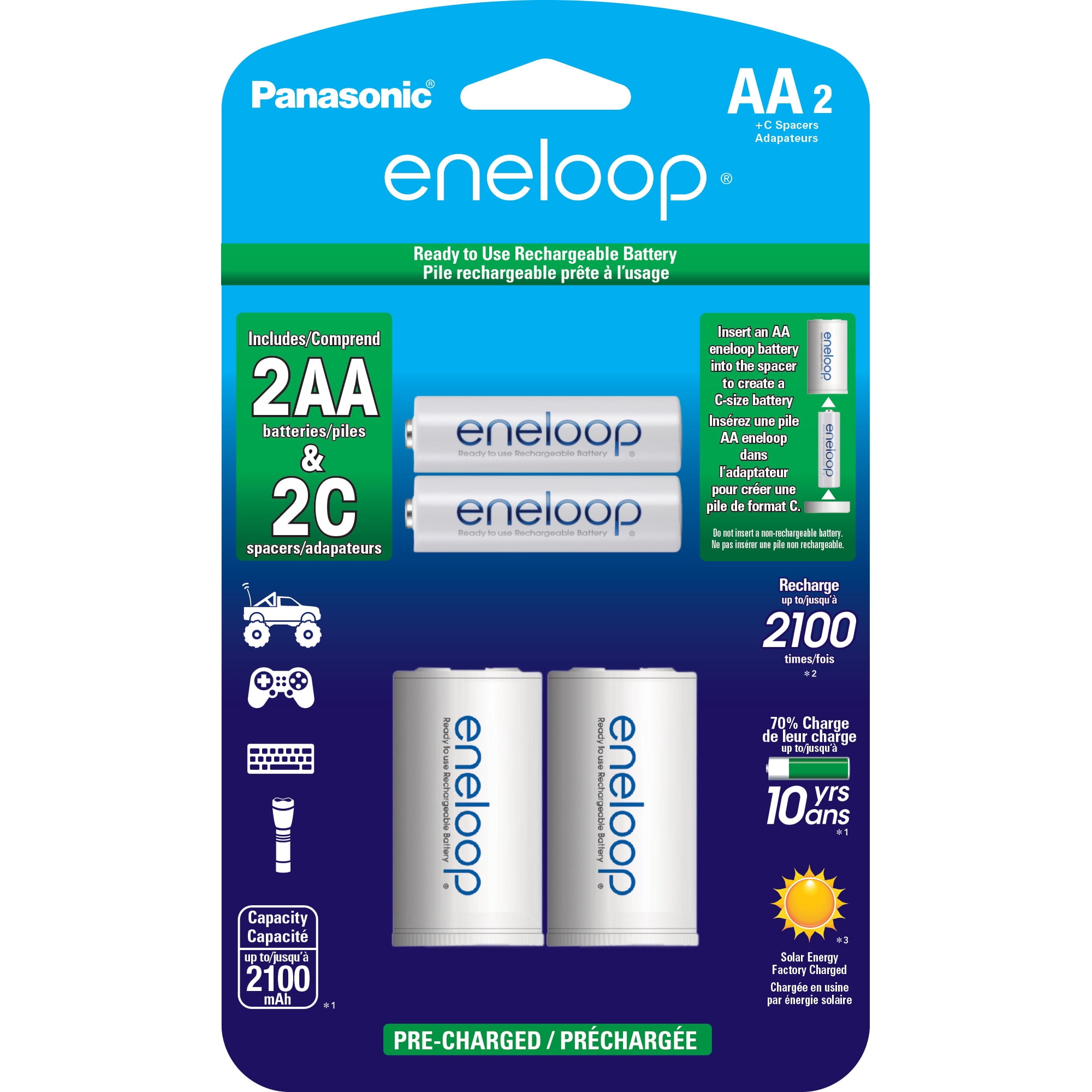 Panasonic Eneloop K-KJS2MCA2BA C Size Battery Adapters with 2 Eneloop AA Nickel Metal Hydride Rechargeable Batteries