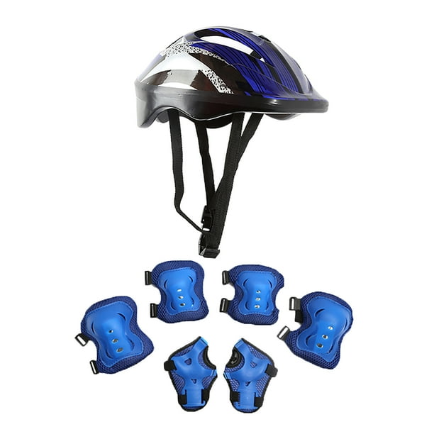 Fiudx Equipo de Protección para Patinaje, Casco y Coderas, Diseño Ligero y Cómodo, Ajuste Ajustable, para Patinaje Sobre Ruedas, Monopatín y Ciclismo, Juego de 7 Piezas, Azul/Rojo, Talla 53-54 Cm