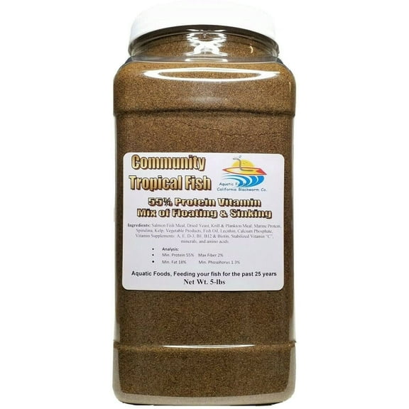 5-lb Community Tropical Fish Food, 55% Protein Vitamin Rich Micro Floating / Slow Sinking Granular Powder for Tetras, Guppies, Small Cichlids, Platies & Swordtails, All Tropical Fish. 5-lb Jar