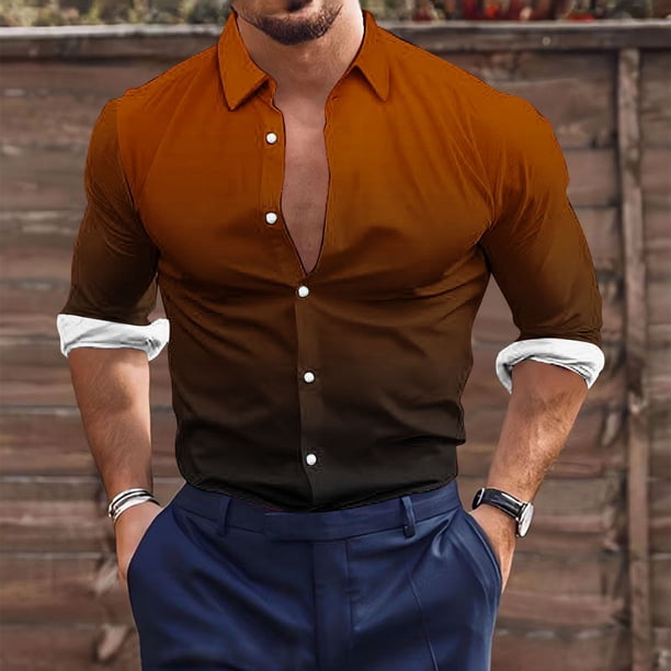 Blusa y camisa de manga larga con cuello vuelto para hombre, estilo casual, a la moda, con botones estampados, blusa de manga larga con cuello vuelto, camisetas de poliéster para hombre