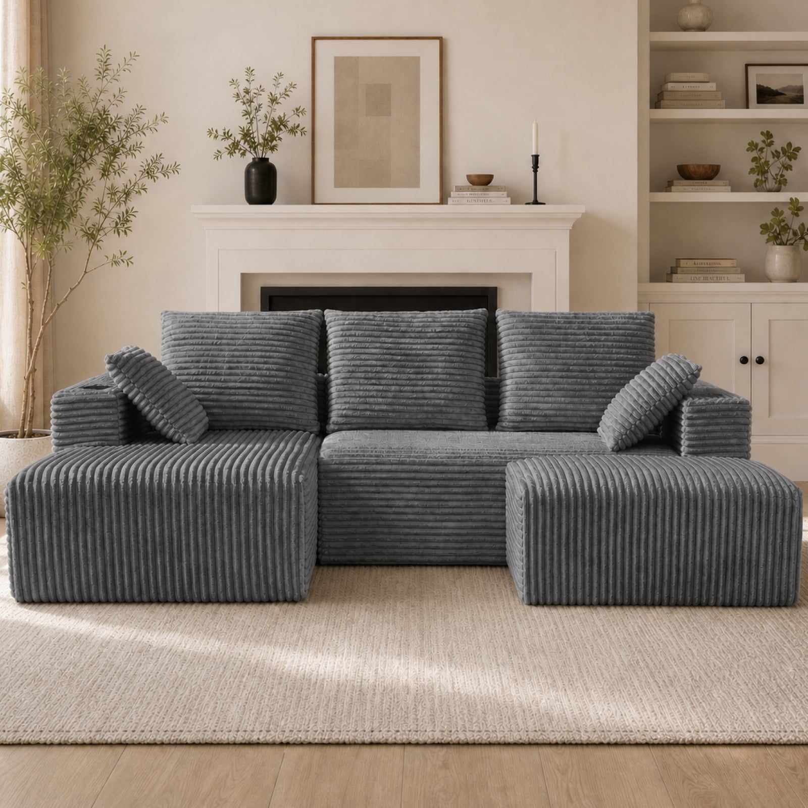 95'' 4 Seater Boneless L Shape Modular Sofa Couch with 4 Pillows, 2 Cup Holders and Ottoman