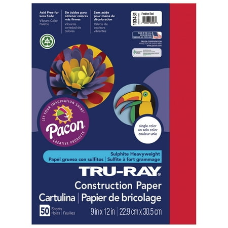 Pacon Tru-Ray Construction Paper, 50 Sheets, 9 in x 12 in, Festive Red