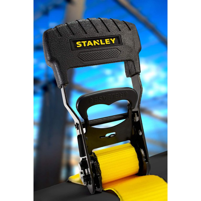 STANLEY S1007 Black/Yellow 1.5 x 16' Ratchet Tie Down Straps - Heavy Cargo  Securing (3,300 lbs Break Strength), 2 Pack