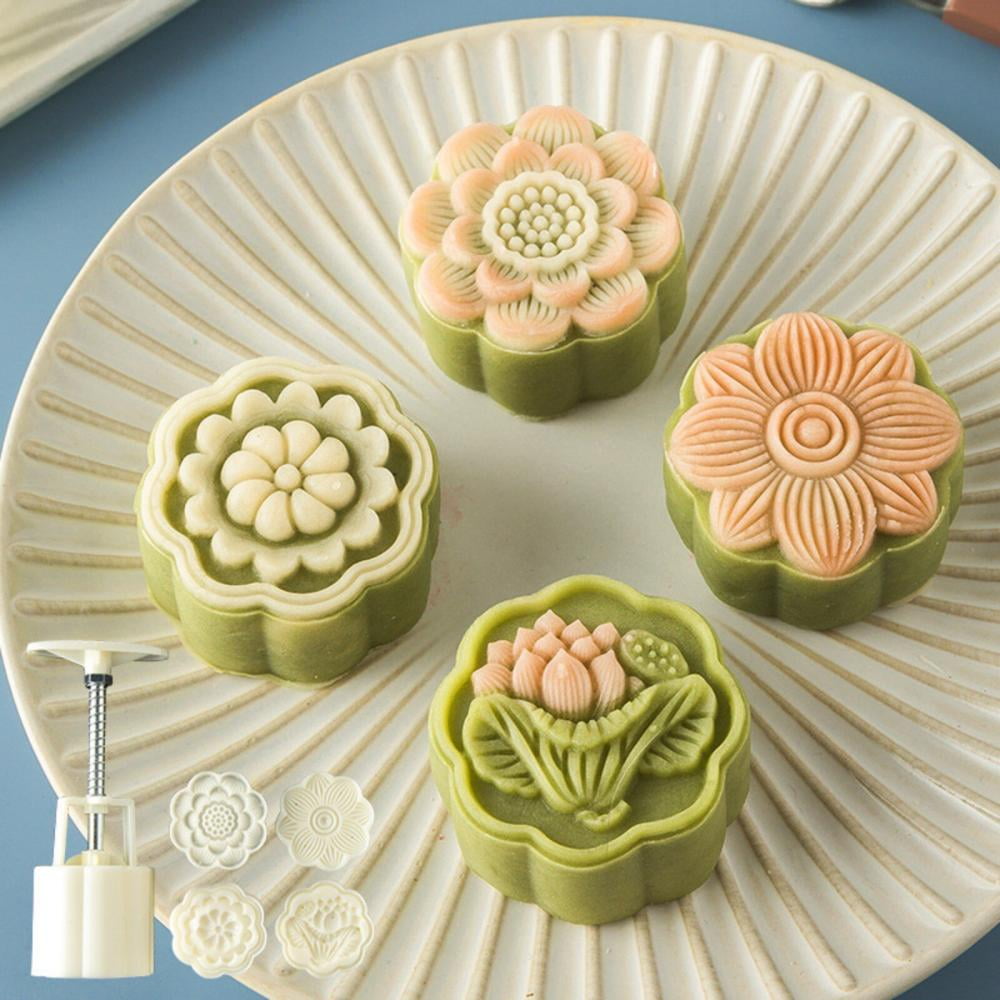 Moon Cake Mould Mold With 4Pc Stamps Round Flower Pastry Mooncake Hand DIY Tool 