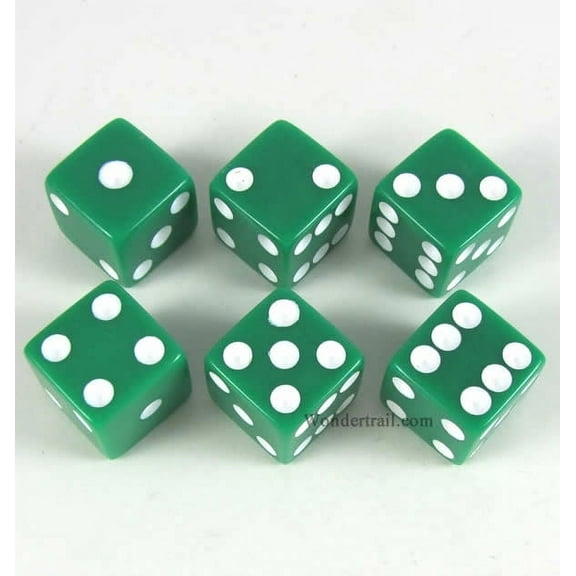 Green Opaque Dice with White Pips D6 16mm (5/8in) Pack of 6 Koplow Games