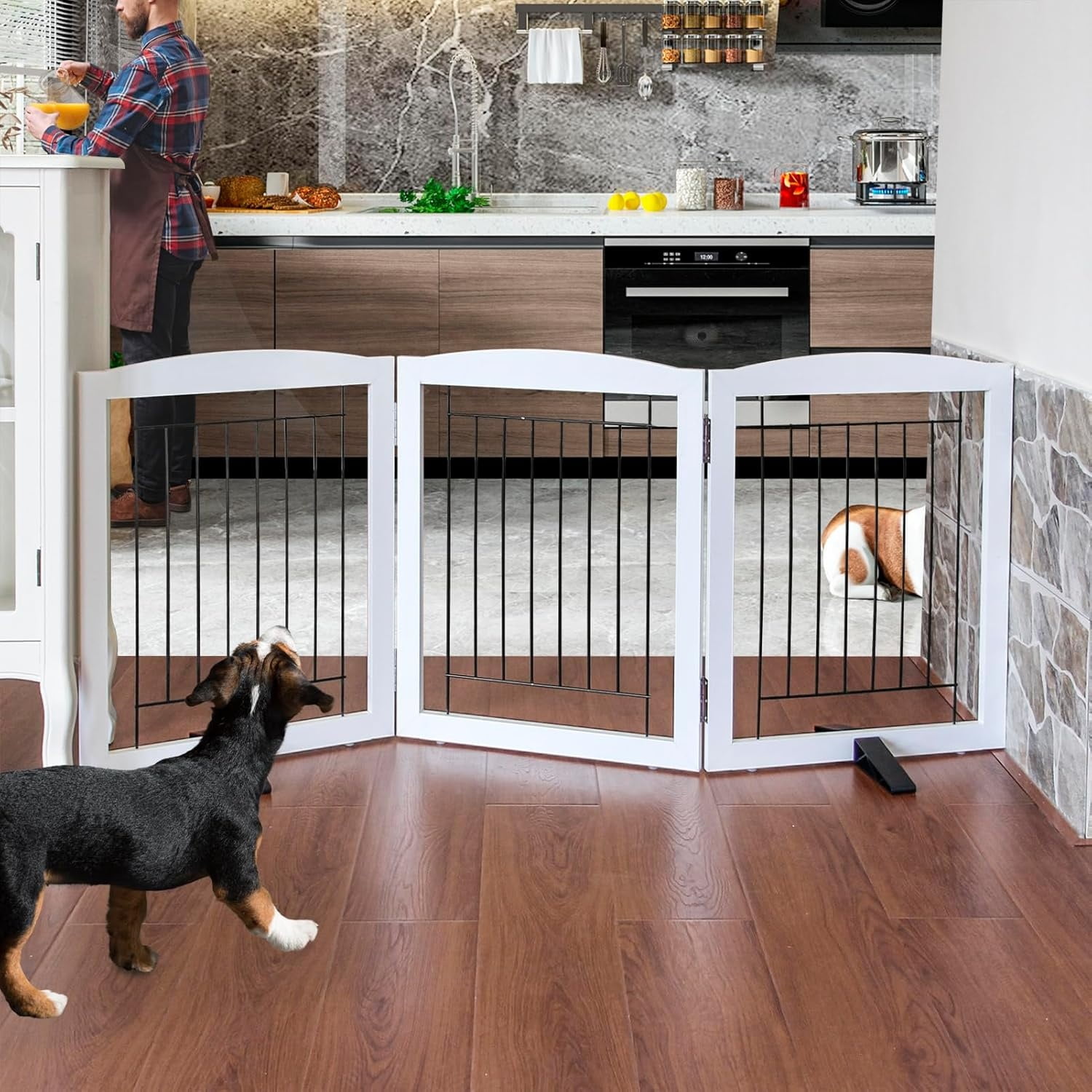 Freestanding Dog Fence Indoor, Foldable Dog Gate for Doorways, Stairs or Hallways, Sturdy Wood Extra Wide Pet Gate with Support Feet for The House, White, 24 "Height-3 Panels