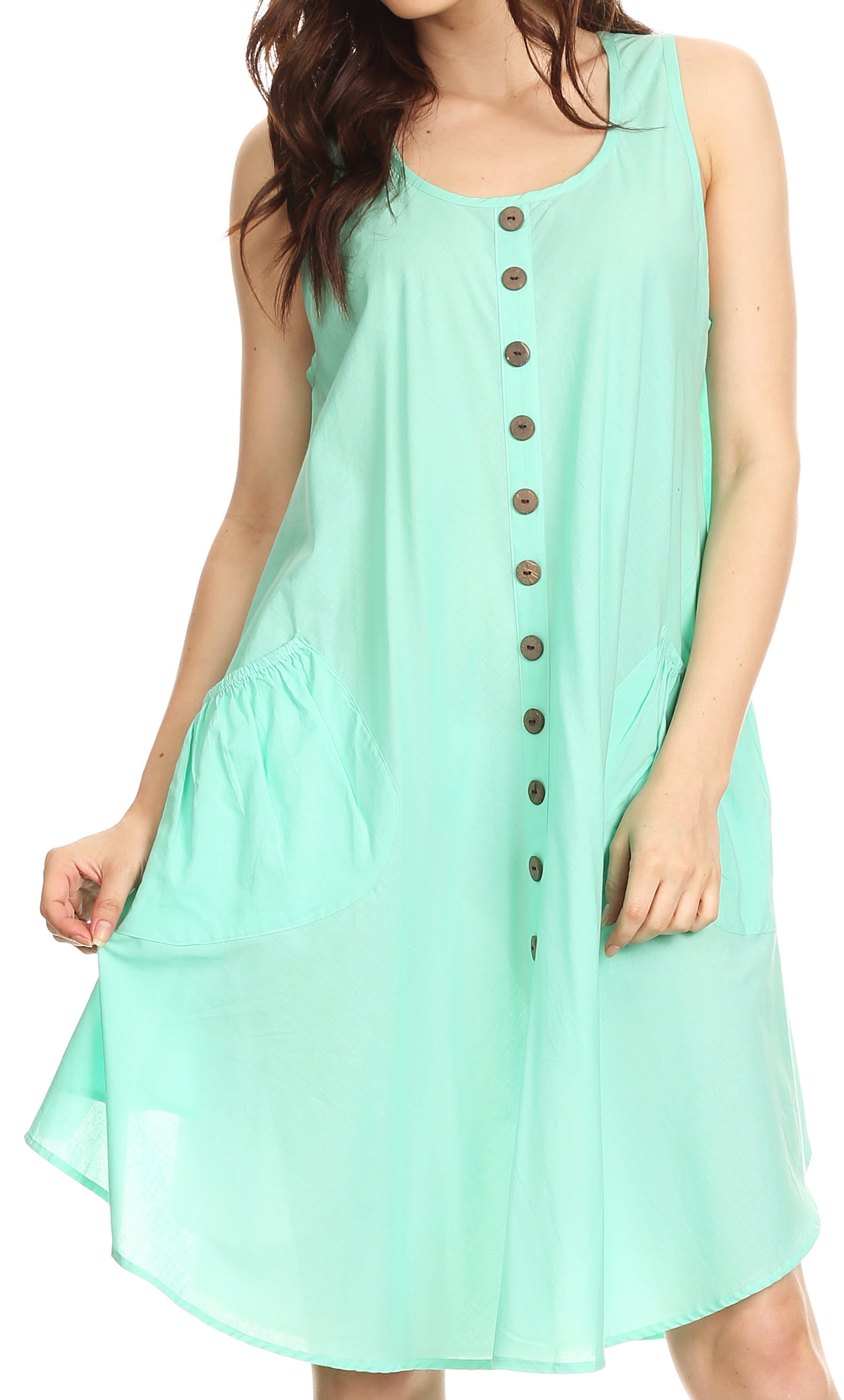 Sakkas Lina Mid Length Casual Summer Tent Swing Sleeveless Dress With Pockets SeaGreen Plus