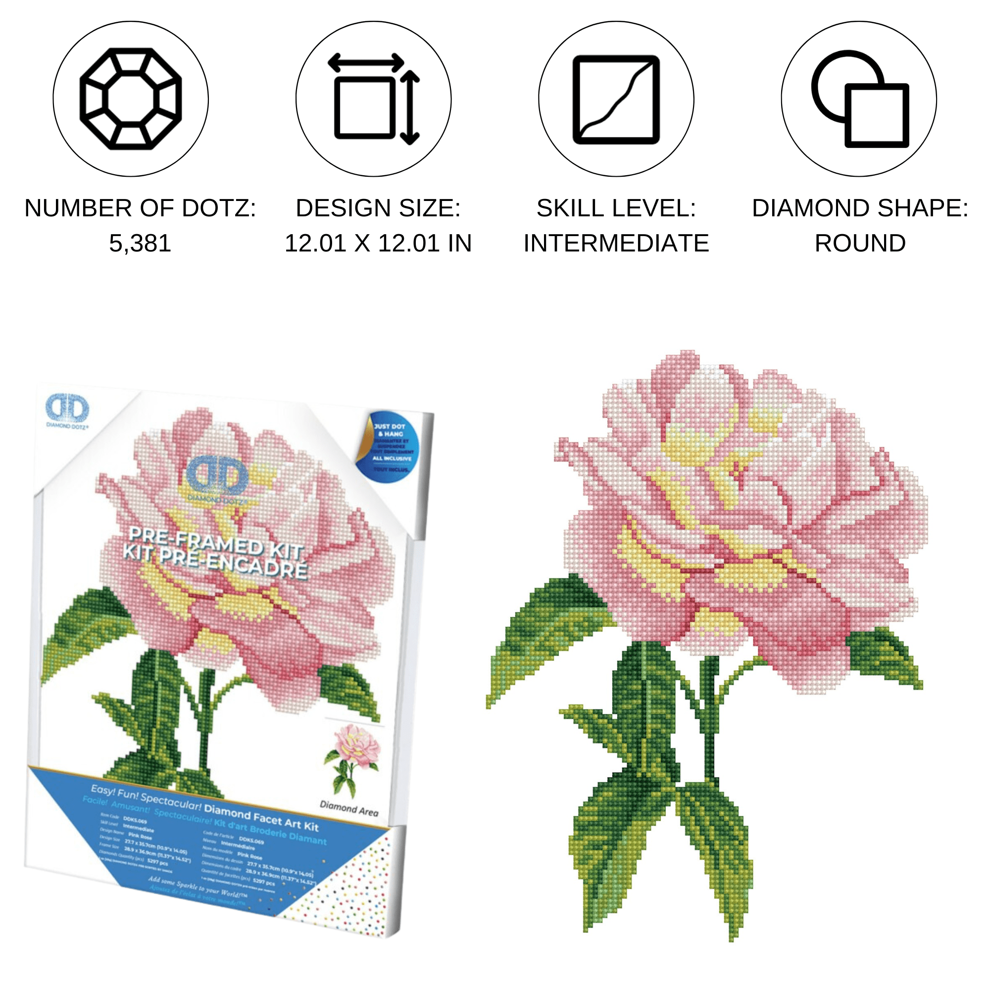 Diamond Dotz Pink Rose with Frame Flower Diamond Painting Kits for Adults - Diamond Art Kits a Relaxing Creative Craft Kit with Dotz Gems 14"x10.9"