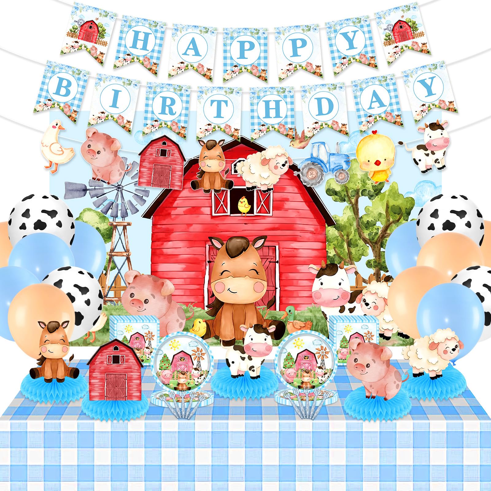 Blue Farm Animals Birthday Party Supplies for Boys Tableware Set Decorations Includes Backdrop Balloons Plates Napkins Forks Banner Honeycomb Centerpieces Tractor Baby Shower Decor VT1