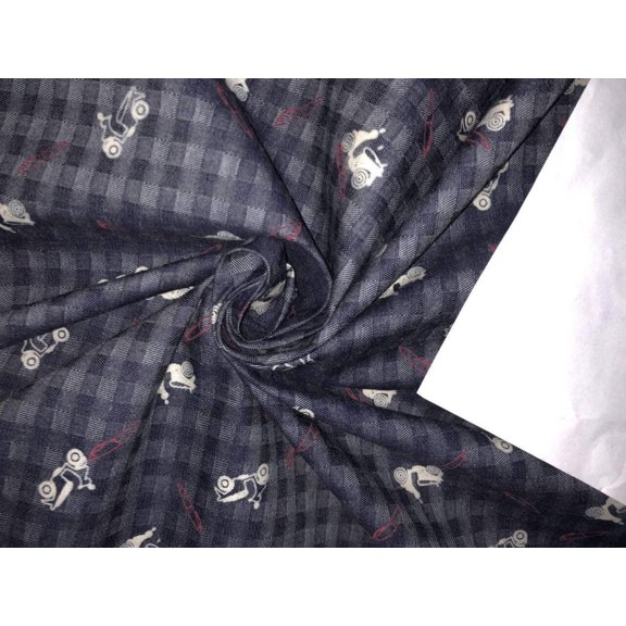 100% Cotton Denim Fabric 58" wide available in 2 STYLES DENIM PLAIDS WITH SCOOTER MOTIF AND DENIM SELF PLAIDS CHARCOAL GREY