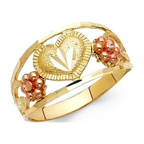 14k Two Tone Solid Italian Gold Heart & Double Flower Ring 10mm