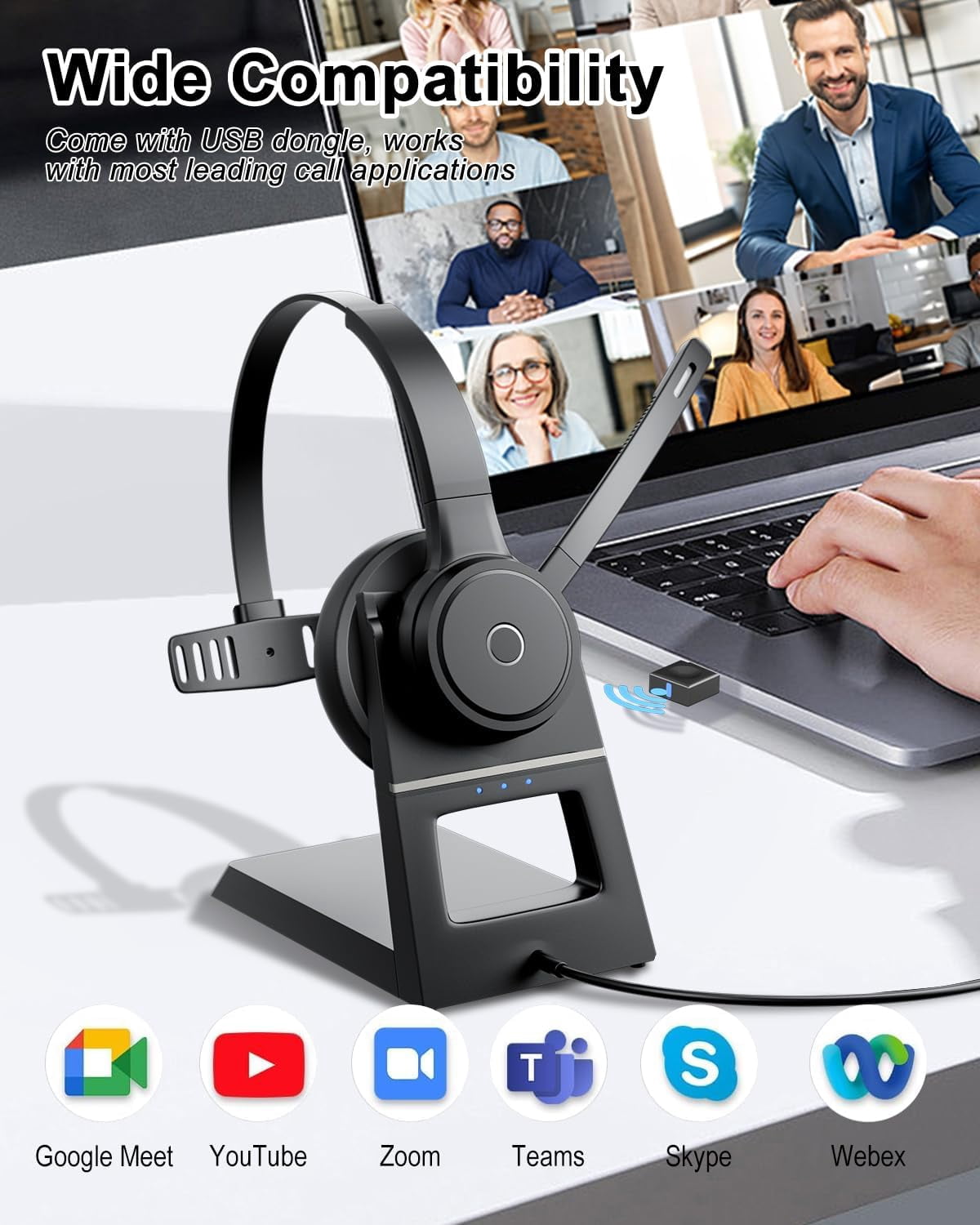 Bluetooth Headset with Noise Cancelling Mic, USB Dongle & Charging Dock, Wireless Computer Headset for PC Laptop Zoom Teams Call Center