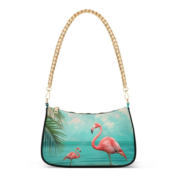 Ryvnso Flamingo Summer Tropical Palm Tree Womens Chain Shoulder Bag Tote Handbags Clutch Hobo Purse with Zipper for Travel
