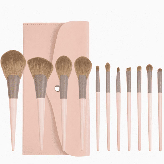 ROSOZ 11-Piece Makeup Brush Set with PU Storage Pouch,Pink & Brown Professional Cosmetic Brushes for Face, Eyes & Lips