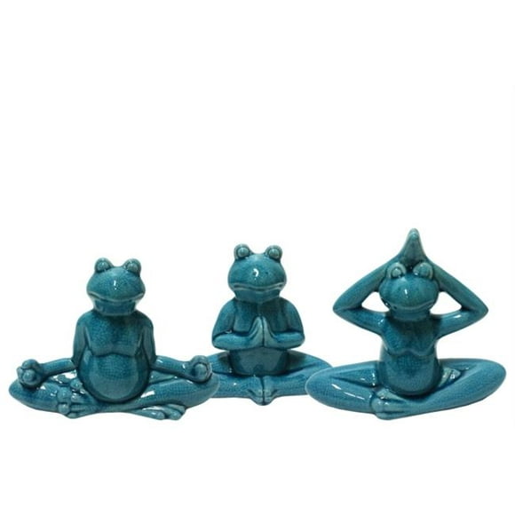 Collection de Tendances Urbaines 41500-AST 4 Pièces en Céramique Bleu Brillant en Détresse, Figurine de Grenouille en Méditation, Assortiment de Positions de Yoga - Ensemble de Trois - 8,75 x 3,00 x 7,50 Po.