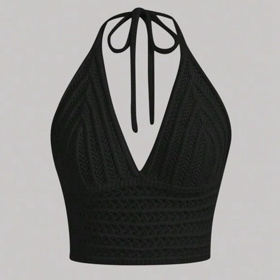 ZHOGXU Camisole For Women Halter Neck Tank Tops Solid Color V Neck Hollow Out Knit Boho Comfortable Stretchy Slim Fit Vest For Daily Wear,Black,L