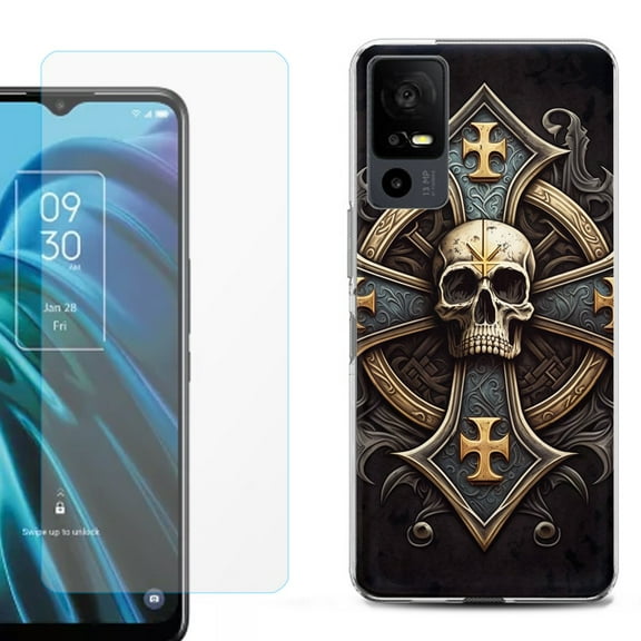 OneToughShield ® for TCL 40 XE 5G Shockproof Fashion Phone Case, with Tempered Glass Screen Protector - Skull Art