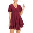 thumbnail image 5 of Aiyino Women's Dress Deep V-Neck Short Sleeve Waist Tie Ruffle Mini Swing Skater Dresses,Wine Red, 5 of 9
