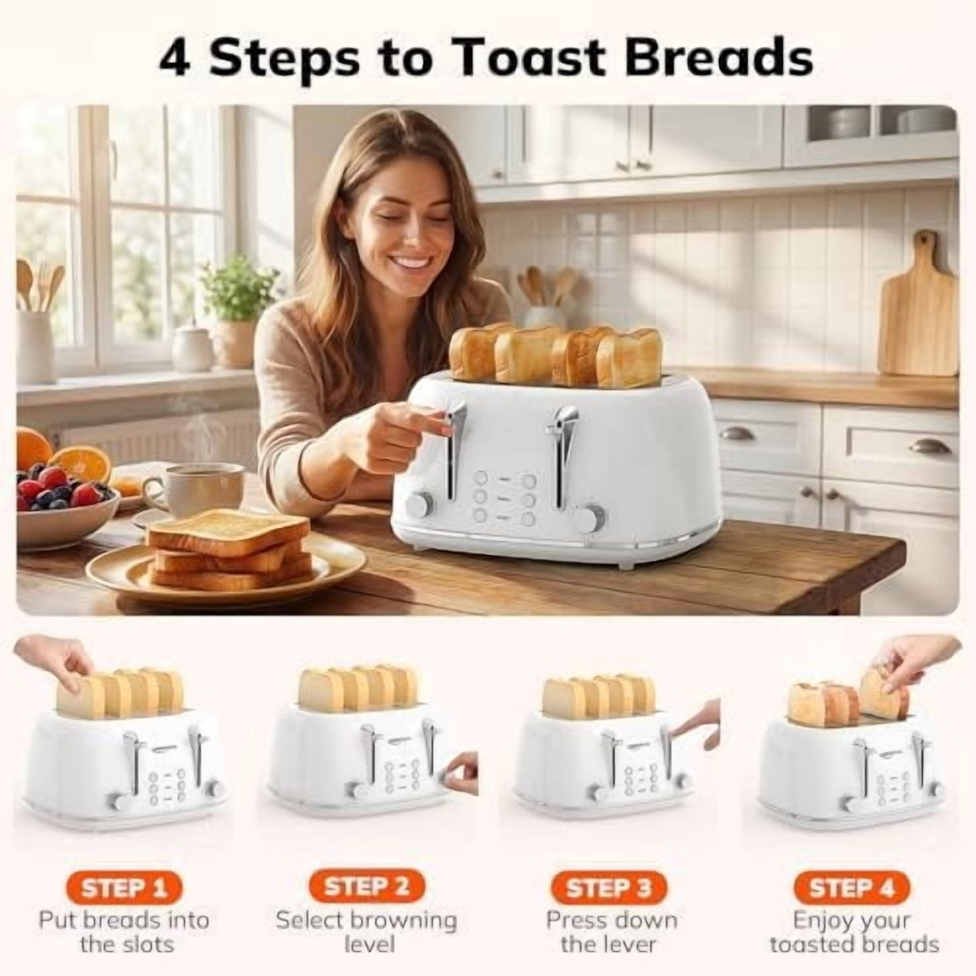 Toaster 4 Slice, Retro Stainless Steel Wide Slot Toaster with Dual Independent Controls, 6 Browning Levels, Bagel, Defrost, Reheat & Cancel, Removable Crumb Tray, White