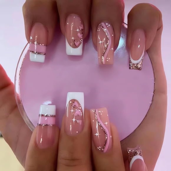 IMSOHOT Coffin Press on Nails Uñas postizas acrílicas largas Bailarina francesa Uñas postizas Pegamento en uñas Cubierta completa brillante Uñas con purpurina color nude con diseños de corazón rosa 24