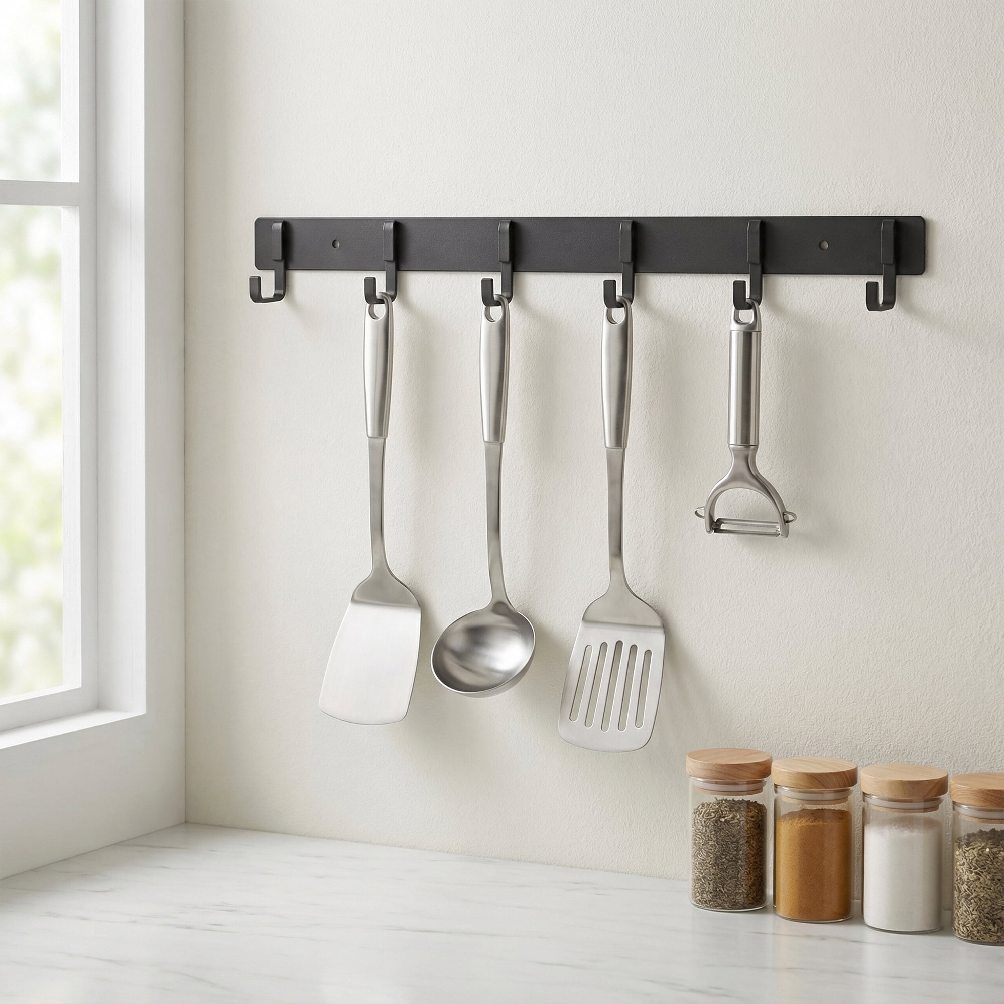 Unique Bargains Coat Rack Wall Mount Metal Wood 6 Hooks for Entryway Bathroom Gray