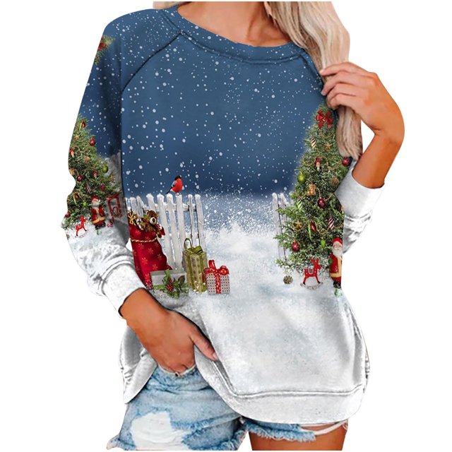 Tops Para Mujer Blusa de Navidad Camisas de Manga Larga Otoño Estampado Casual de Moda Cuello Redondo Camiseta Suelta Top Pullover Odeerbi ODB171130