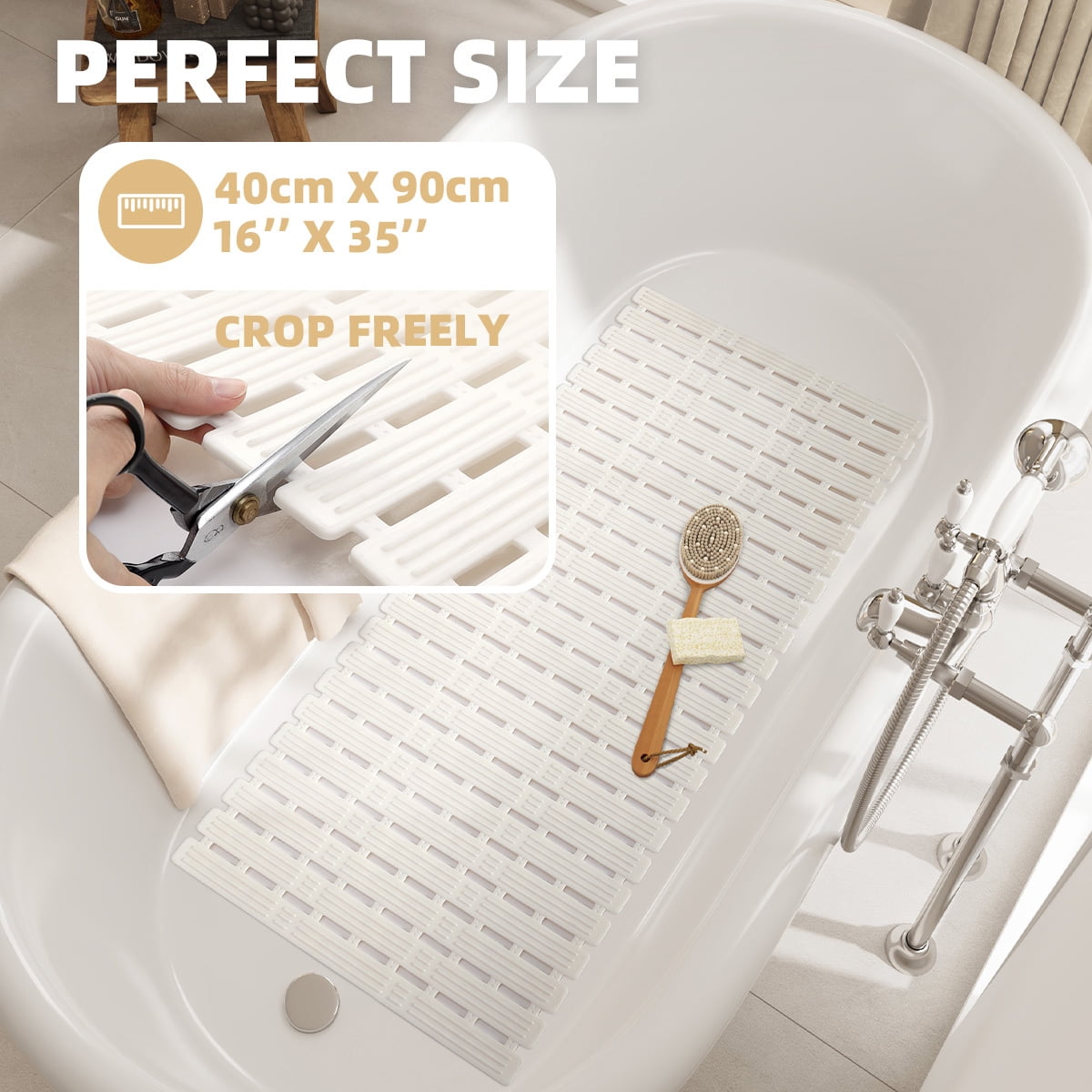 OEAKAY Bathtub Mat, Quick Dry Bath Mat for Tub 16"x 35", Tub Mat with Powerful Suction Cup & Drain Holes , Non-Slip Shower Mat for Bathtub, Easy to Cut, White