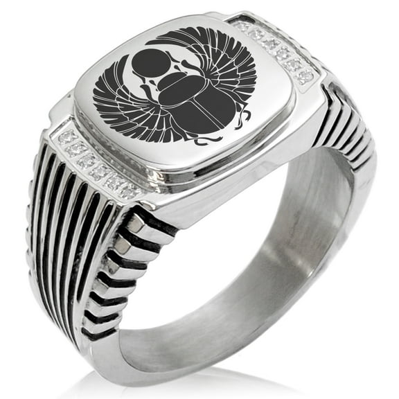Stainless Steel Scarab Beetle Rising Sun CZ Ribbed Needle Stripe Pattern Biker Style Polished Ring
