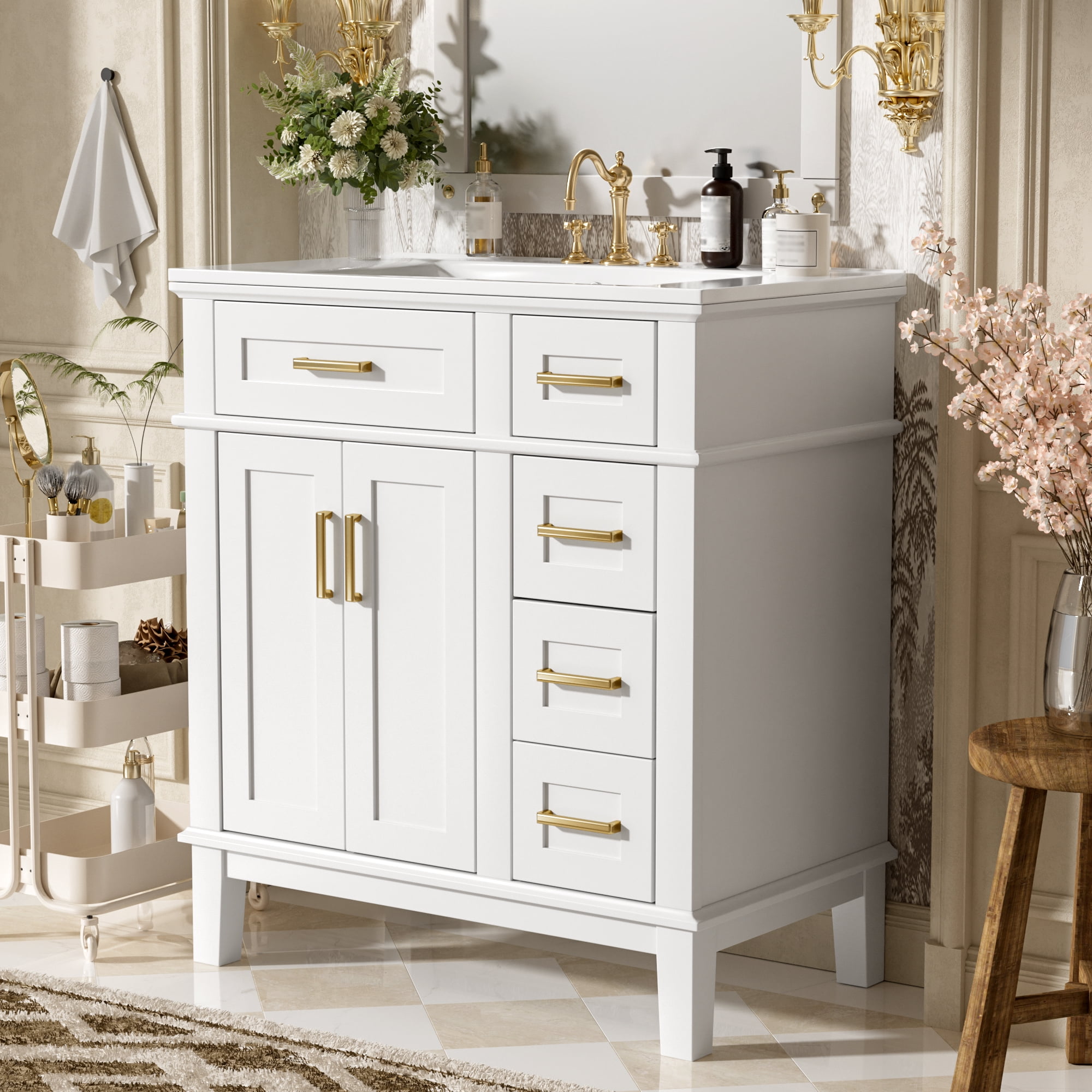 Euroco 30" Bathroom Vanity with Ceramic Sink, Deep & Standard Drawers, Stylish Bath Vanity for Small Bathrooms