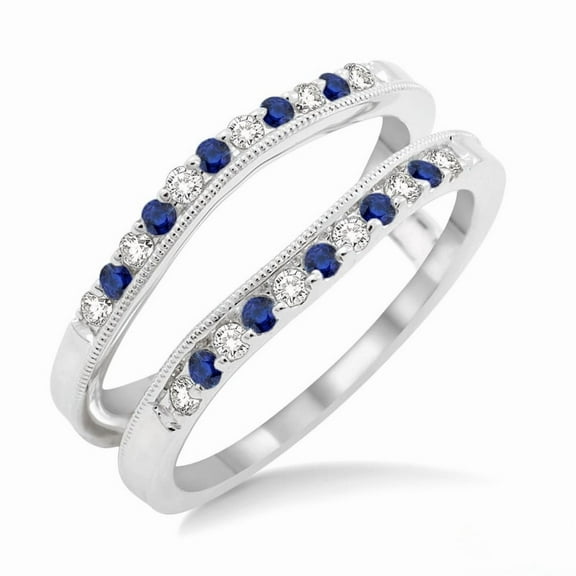 Classic Blue Sapphire & White CZ Milgrain Ring Guard in 925 Sterling Silver – Double Enhancer Band – Vintage-Style Wedding Jacket for Women
