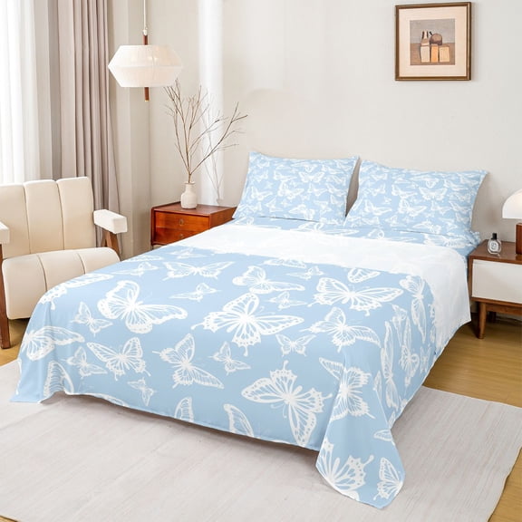 Homewish Dreamy Blue Butterfly Bed Sheets for Kids, Cartoon Moth Animal King Sheets, Modern Fashion Style Sheet Set, Luxury Bedroom Decor, 4-Piece