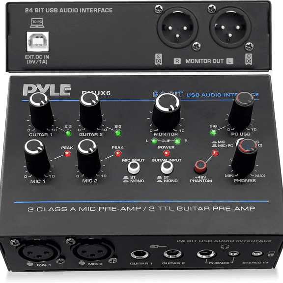 Interfaz de Audio USB Profesional Entradas para Micrófono Pyle, Guitarra y AUX Estéreo, Salidas para Audífonos y Monitor, Ideal para Reproducción y Grabación en Computadora, Carcasa