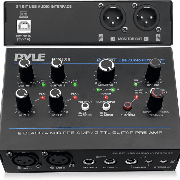 Interfaz de Audio USB Profesional Entradas para Micrófono Pyle, Guitarra y AUX Estéreo, Salidas para Audífonos y Monitor, Ideal para Reproducción y Grabación en Computadora, Carcasa