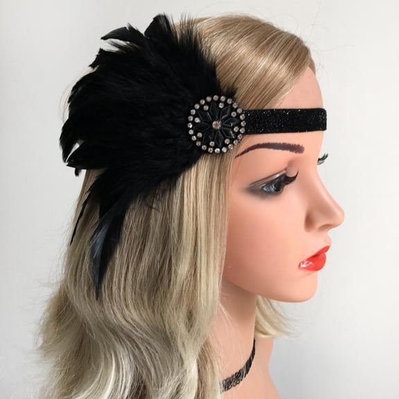 Beaded Feather Headband 20s Hairband Elastic Headwraps Headpiece Stretch Fascinator Cosplay Prom Party Wedding Jewelry B