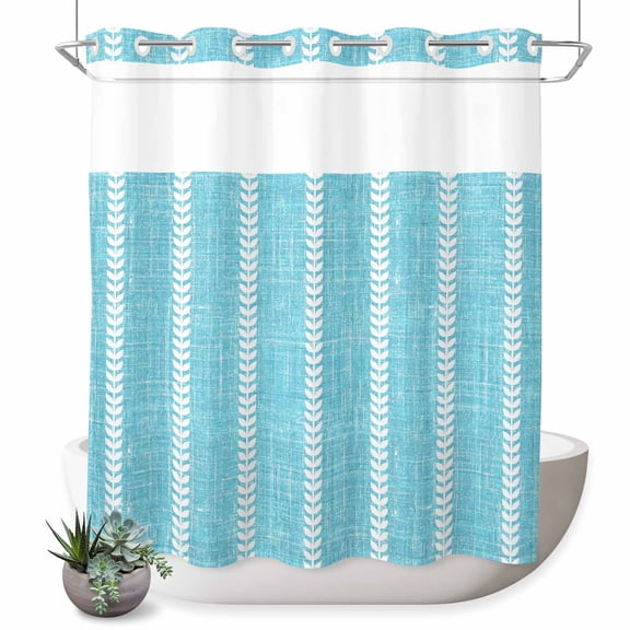 No Hook Shower Curtain, Turquoise Shower Curtains for Bathroom with See Through Top Window, Modern Boho Vertical Striped Pattern Simple Waterproof & Washable Bath Curtain Long 72"x78"