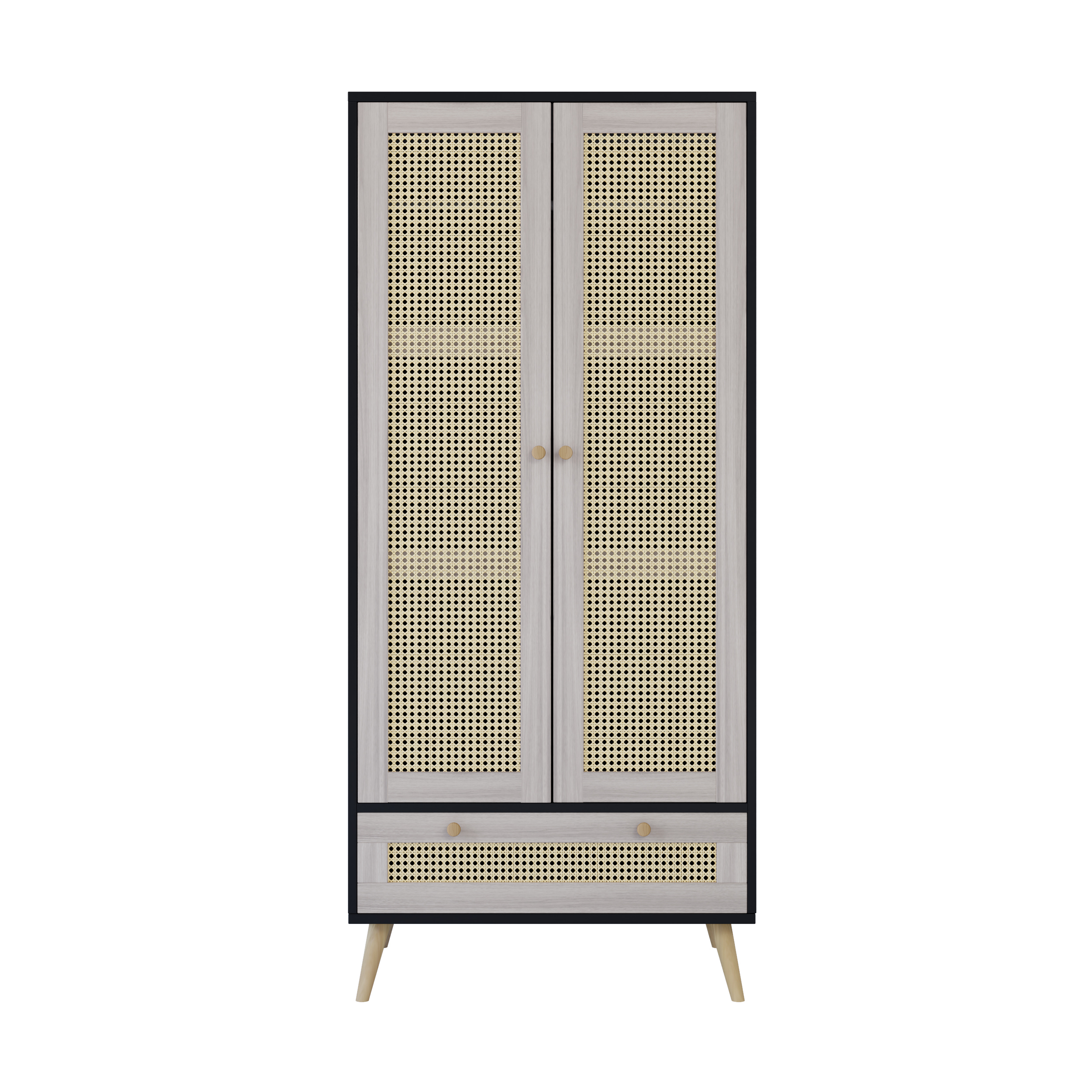 Euroco Modern 2 Door Armoire Wardrobe Closet, Rattan Clothes Cabinet with Drawer and Hanging Rod, Natural