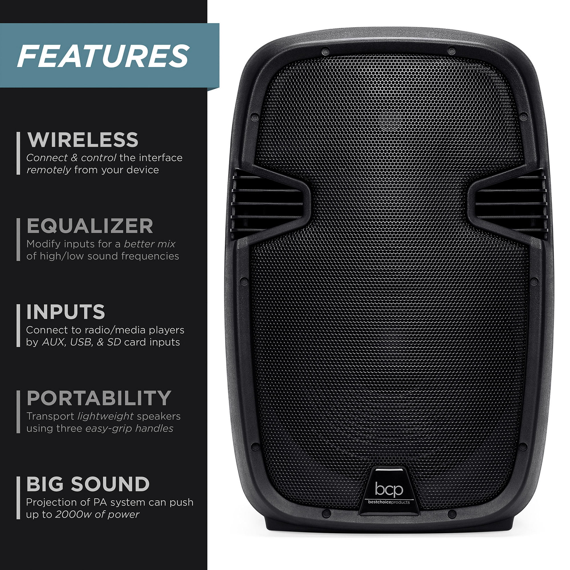 Wireless Microphone Best Choice Products 2000W Dual 2-Way Full Range Wireless Speakers Remote Cables AUX and USB Input Portable PA System w// 12in Woofers