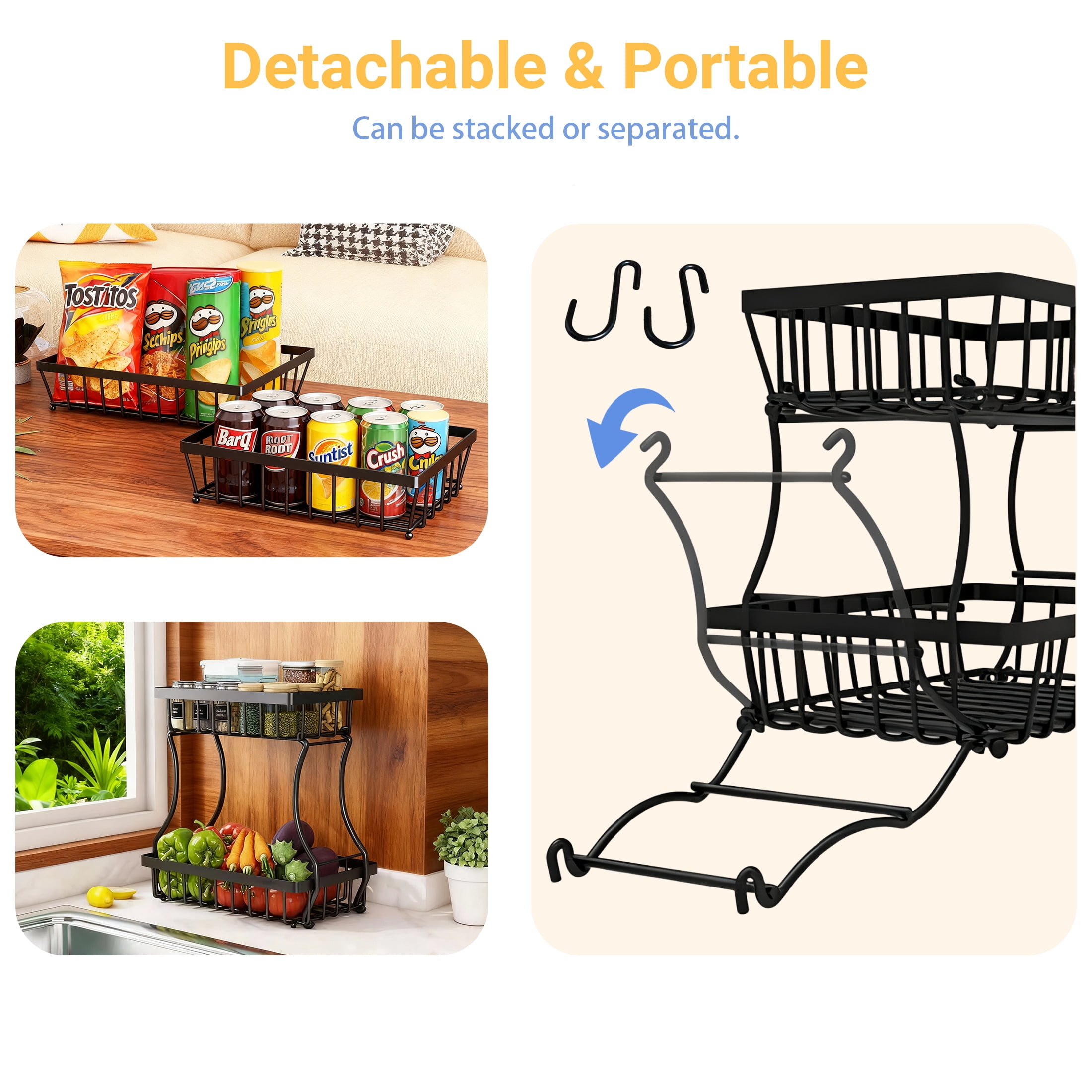 CISILOV 2 Tier Fruit Basket for Kitchen Counter, Detachable Metal Wire Fruit Vegetable Storage Basket, Countertop Produce Organizer with 2 Banana Hangers, Black