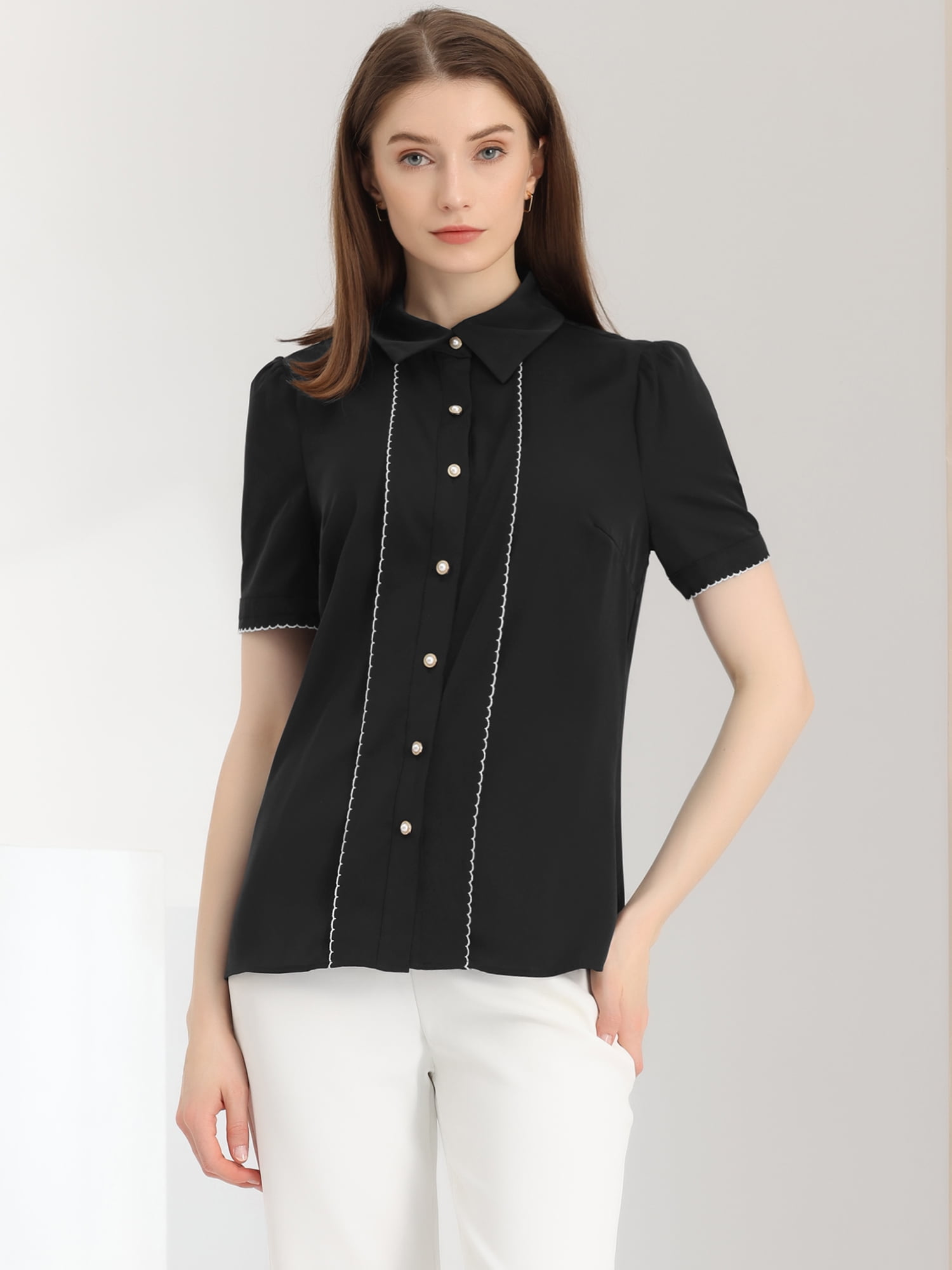 DARING DIVA Women's Button Down Collared Contrast Trim Puff Sleeve Blouse M Black