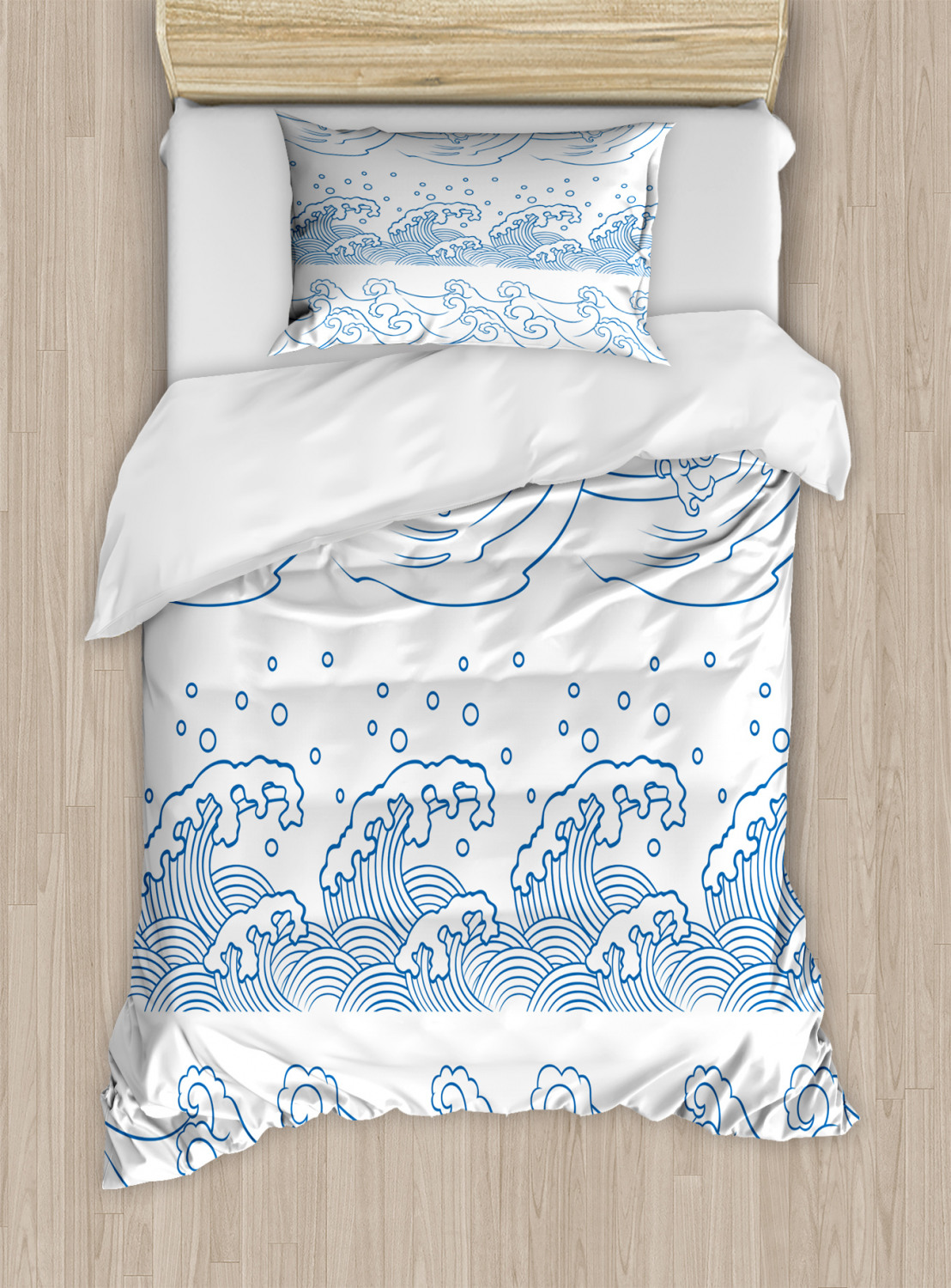 Japanese Wave Duvet Cover Set, Oriental Composition with Ocean Current
