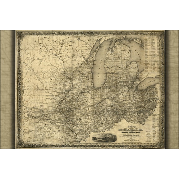 24"x36" Gallery Poster, map of Ohio Michigan Indiana Illinois iowa 1844