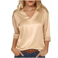 thumbnail image 2 of POIUYTR Women Casual Satin Silk Shirts Summer Loose V Neck 3/4 Sleeve Solid Color Blouses Business Elegant Tops, 2 of 6