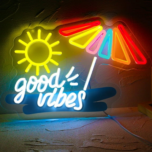 Y YUNHSOM Good Vibes Neon Sign, USB Power Dimmable Sun and Beach LED Neon Light for Wall Decor, Bedroom Bar Party Men Cave, Office, Summer-Themed Gift (15.7*11 Inch)