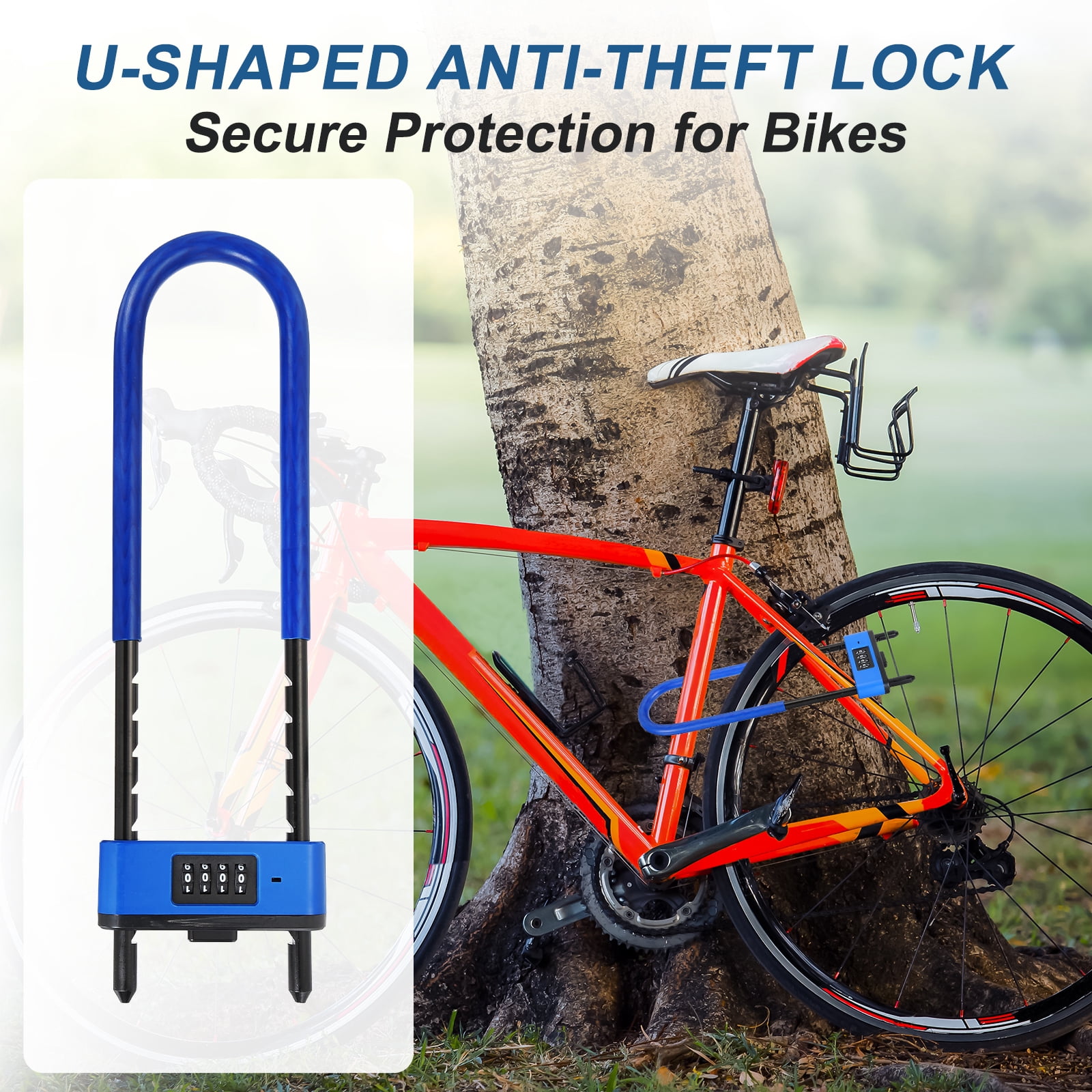 Uxcell 4 Digit Combination Padlock, Long Shackle Padlock - [8.46" - 12.8", Blue], U-Shape Adjustable Shackle Lock for Bicycles Electric Bikes Mountain Bikes Glass Doors Gates