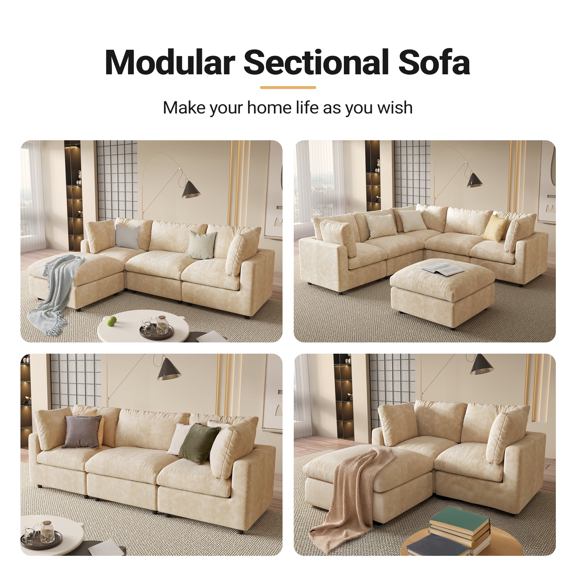 Magic Home Modern Chenille Movable Ottoman, Modular Sectional Sofa