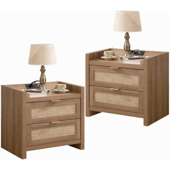 Acekid 2PC Nightstands, Side Table with 2 Rattan Drawers, Wood Accent Table with Charging Station, for Bedroom, Oak