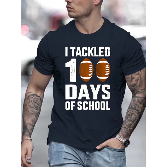 100 Days of School Football Design for Men Teacher Casual Graphic T-Shirt